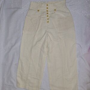 MAEVE ANTHROPOLOGIE PANTS CROP IVORY STRIPE WIDE LEG BUTTON HIGH WAIST WOMENS 10